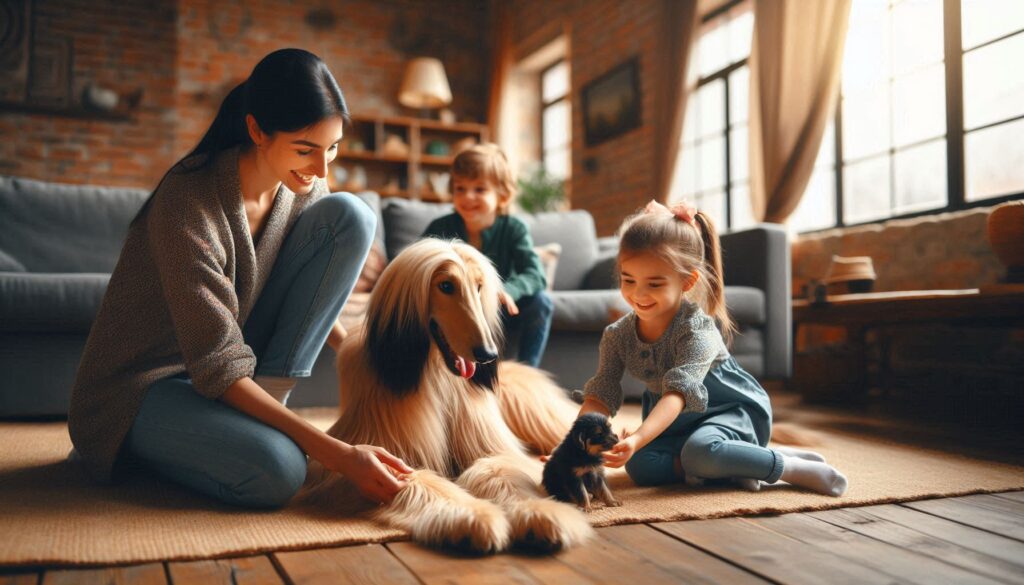 Afghan Hound dog with familiy and children