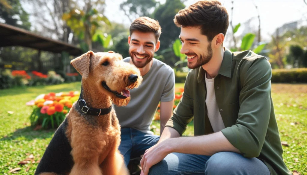 Airedale Terrier dog with 2 men