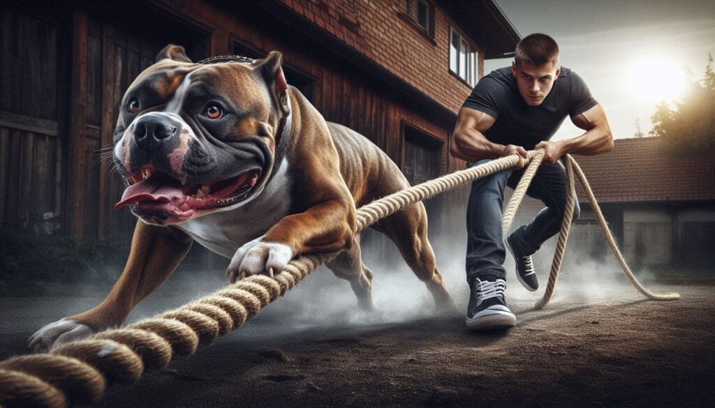 American Bulldog dog pulling a man with rope