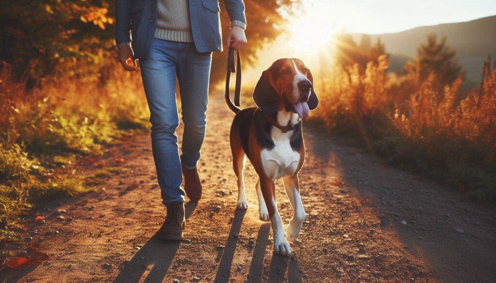 American English Coonhound dog walking with man