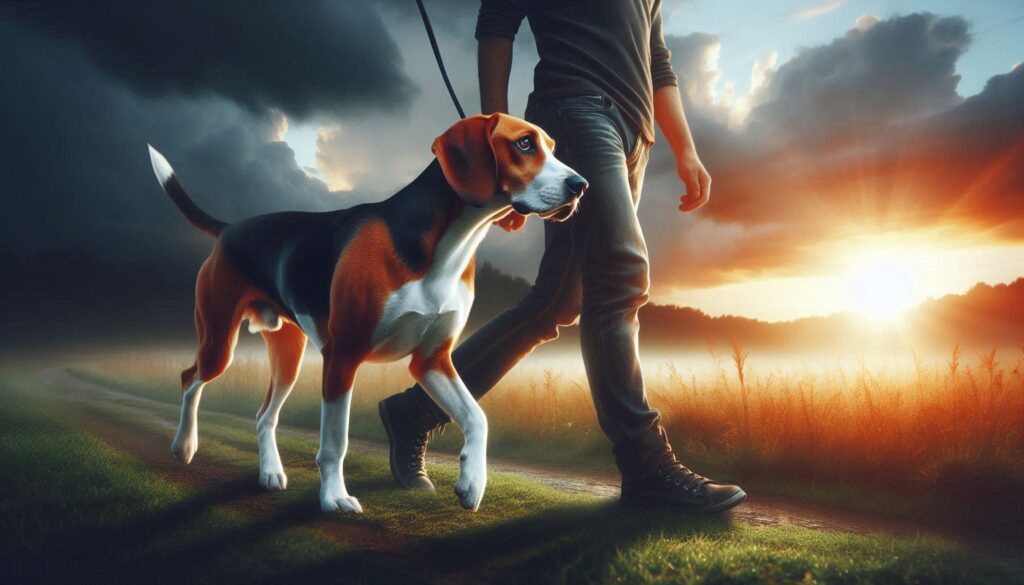 American Foxhound dog walking with a man