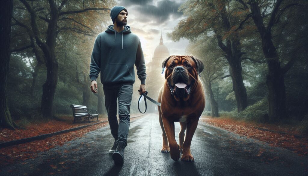 American Mastiff walking with a man