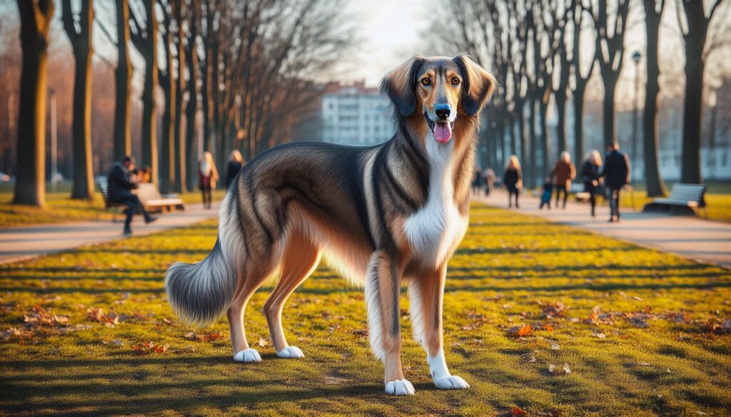 American Staghound dog is standing in the park