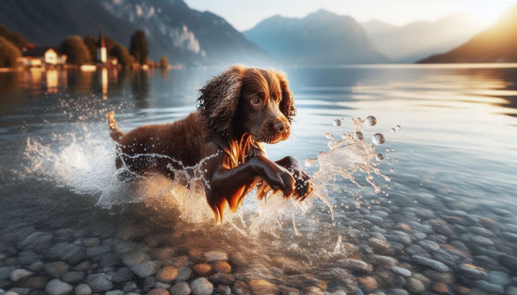 American Water Spaniel dog playing in the water