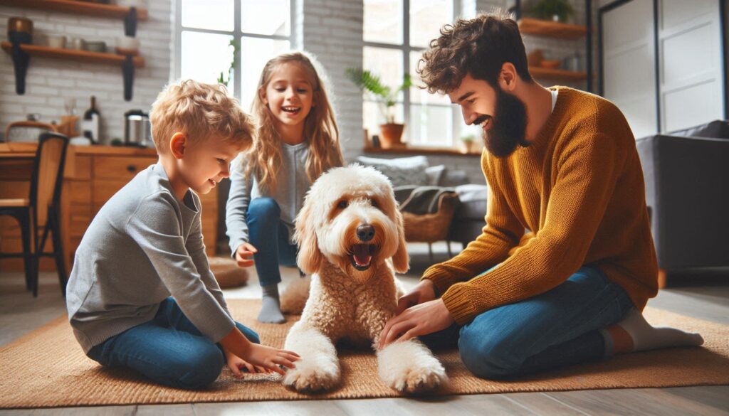 Australian Labradoodle dog with familiy and children