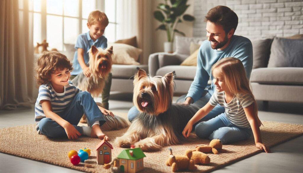 Australian Silky Terrier Dog with familiy and children