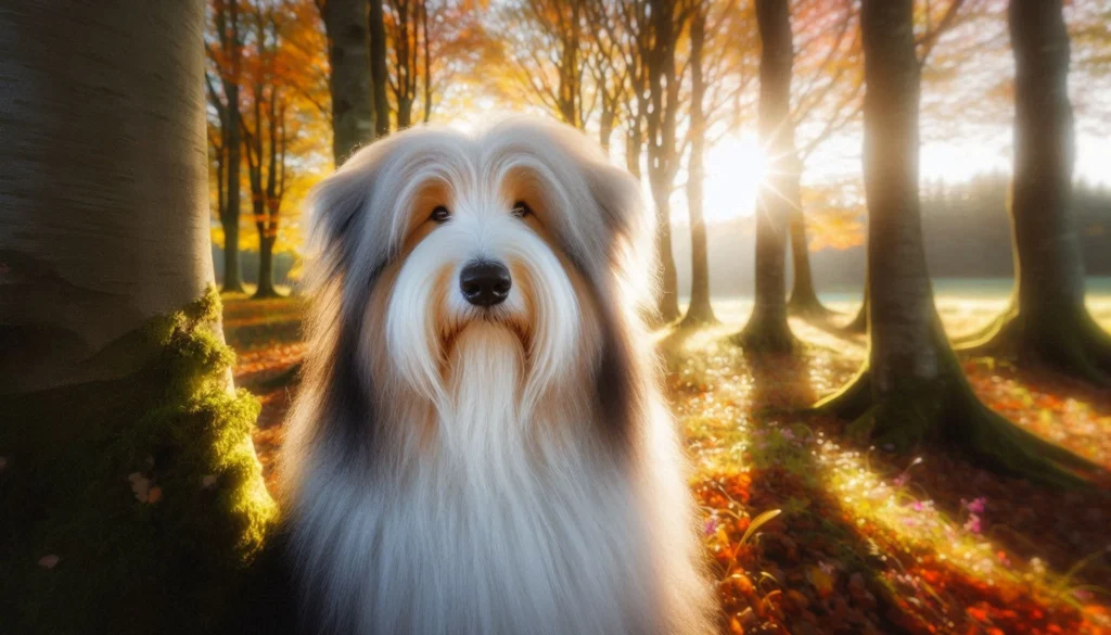 Bearded Collie Dog standing in the trees