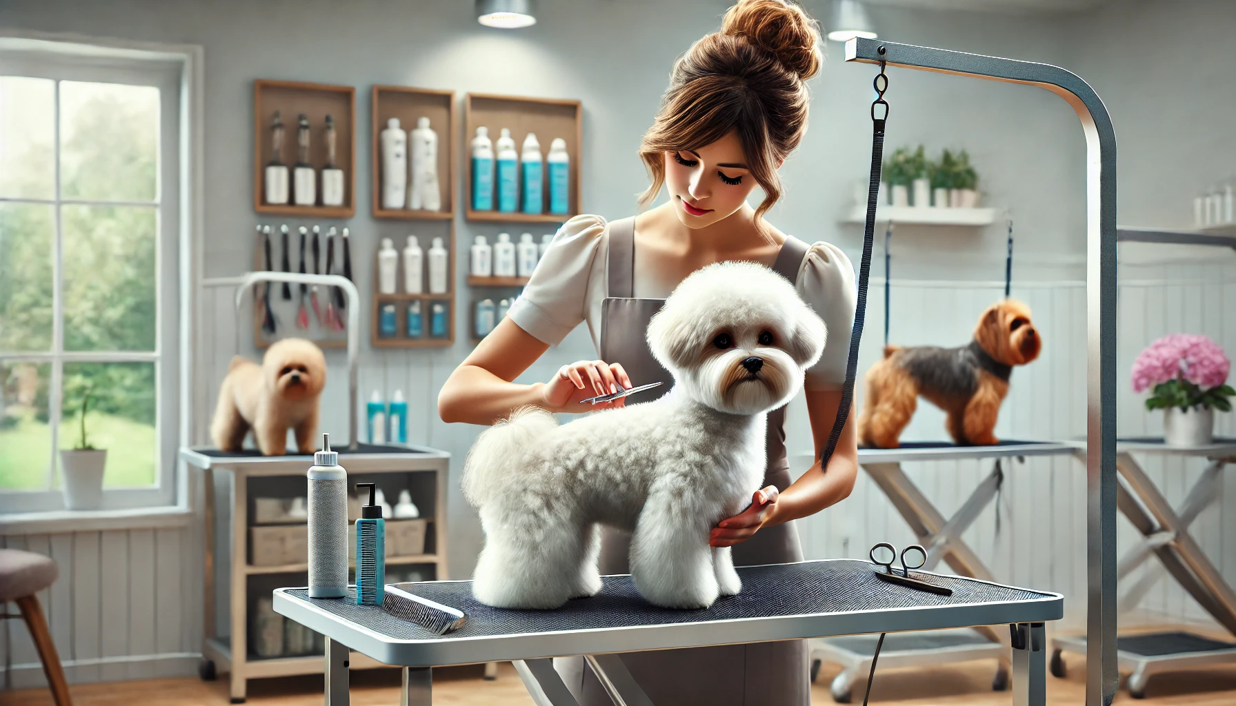 Bichon Yorkie dog in the grooming salon