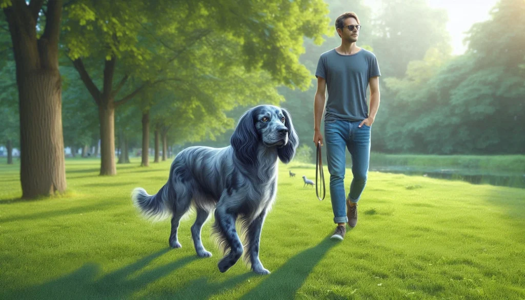 Blue Picardy Spaniel walking with a man