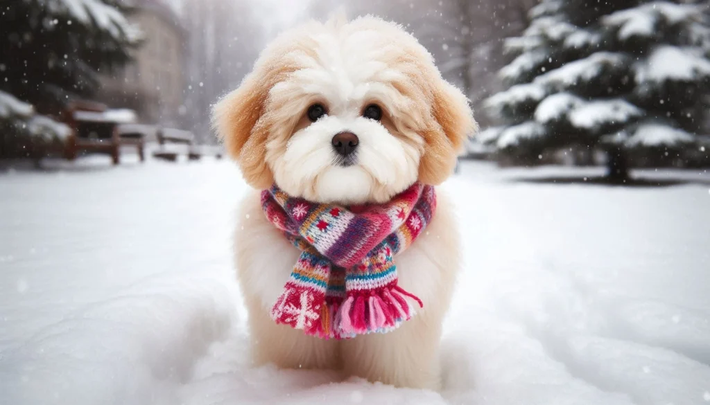 Bolognese Dog is standing in the snow