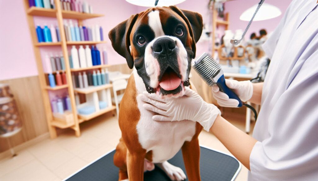 Boxer dog in the grooming salon