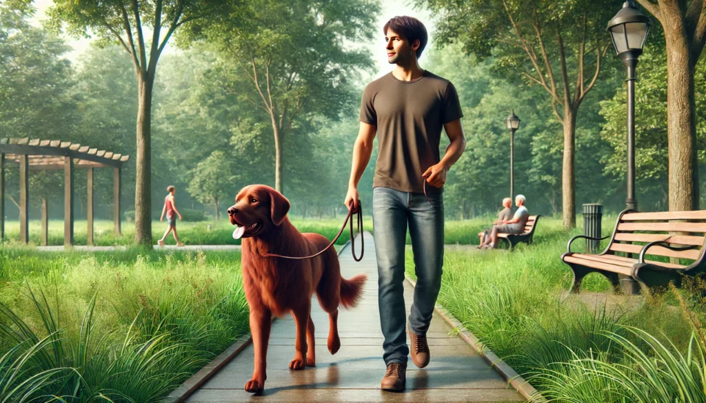 Chesapeake Bay Retriever dog walking with a man in a park