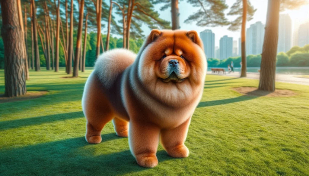 Chow Chow dog is standing in the gras