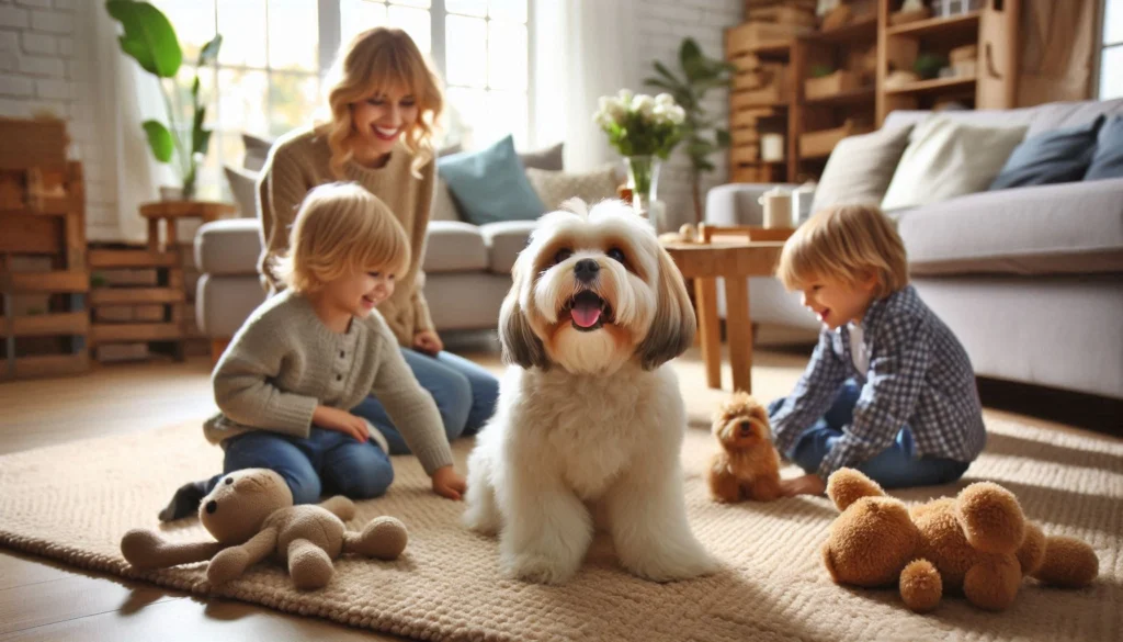 Cockachon Dog with a family