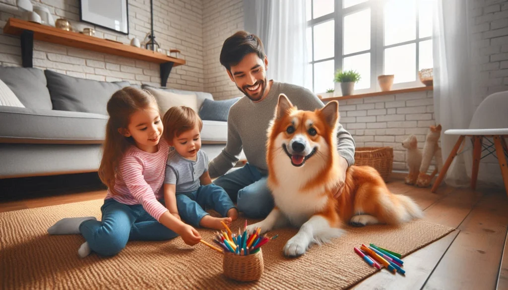 Corgi (Pembroke Welsh) dog with children