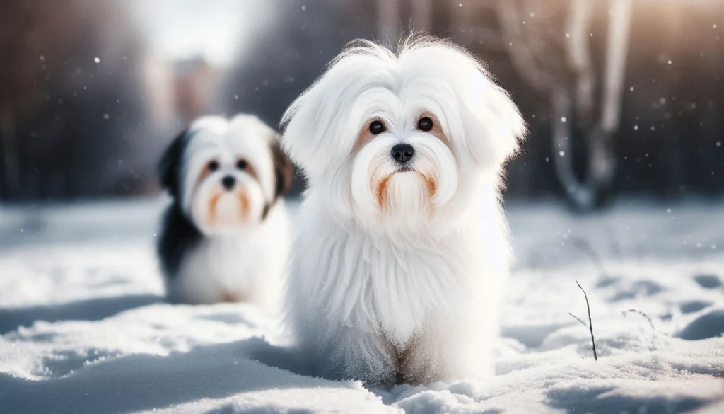 Coton De Tulear Dog is standing in the snow