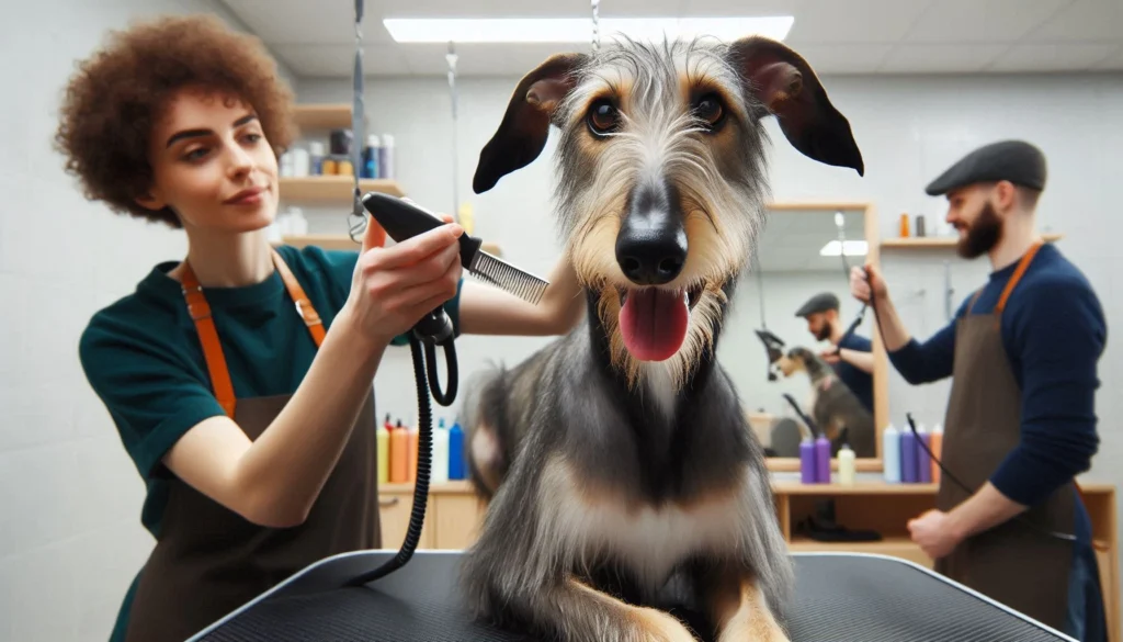 Lurcher dog in the grooming salon