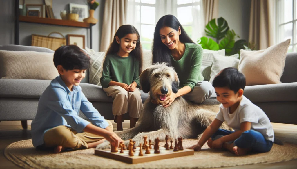 Deerhound dog is playing with children