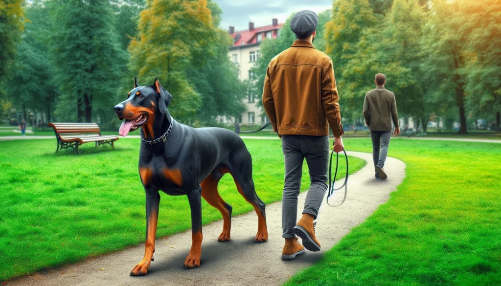 Dobermann dog walking with a man next to park