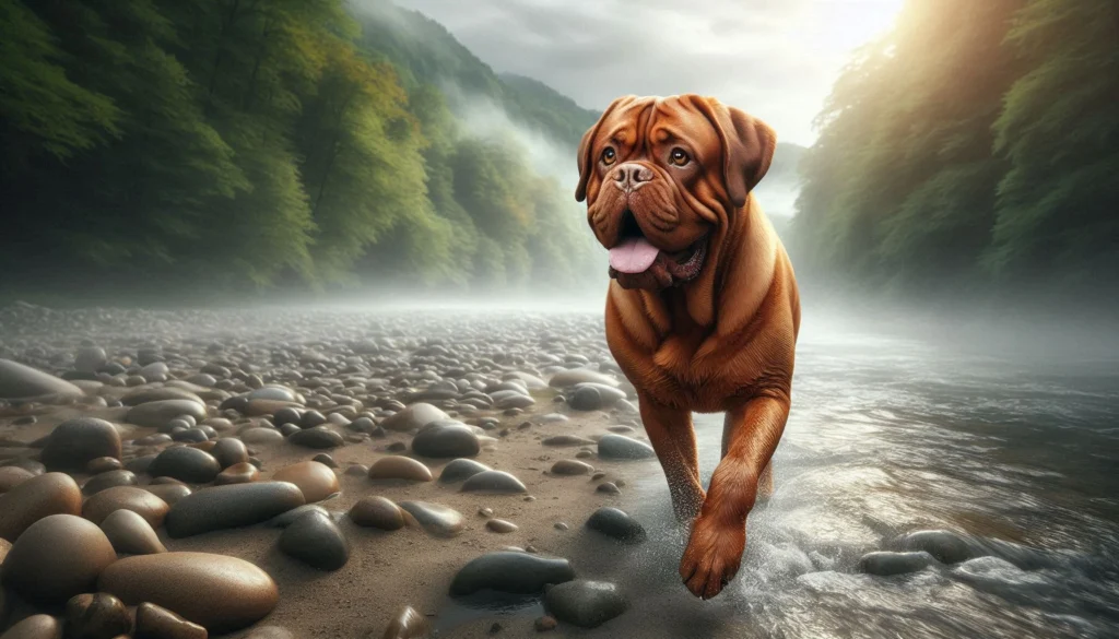 Dogue de Bordeaux dog is walkin next to river