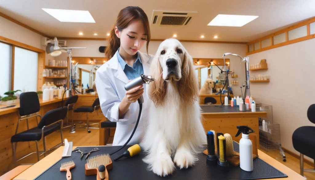 English Setter dog in the grooming salon