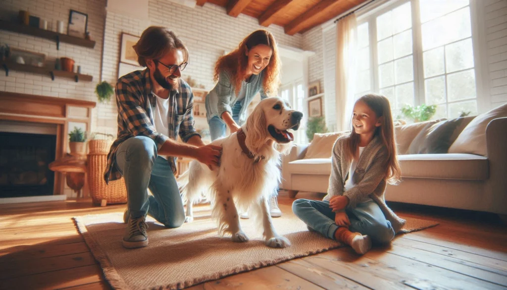 English Setter dog with a family