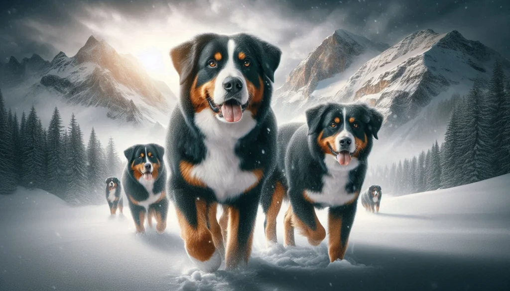 Entlebucher Mountain Dog are walking in the snow