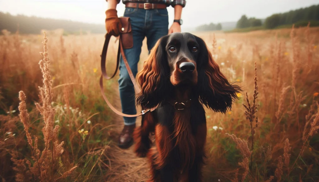 Field Spaniel dog walking with a man