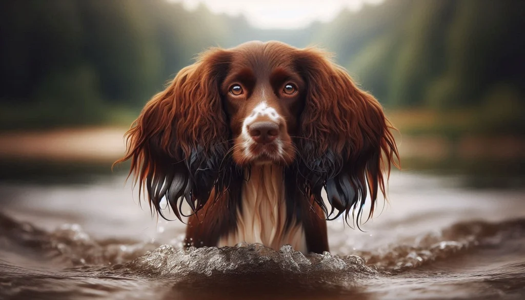 Field Spaniel dogs standing in the water