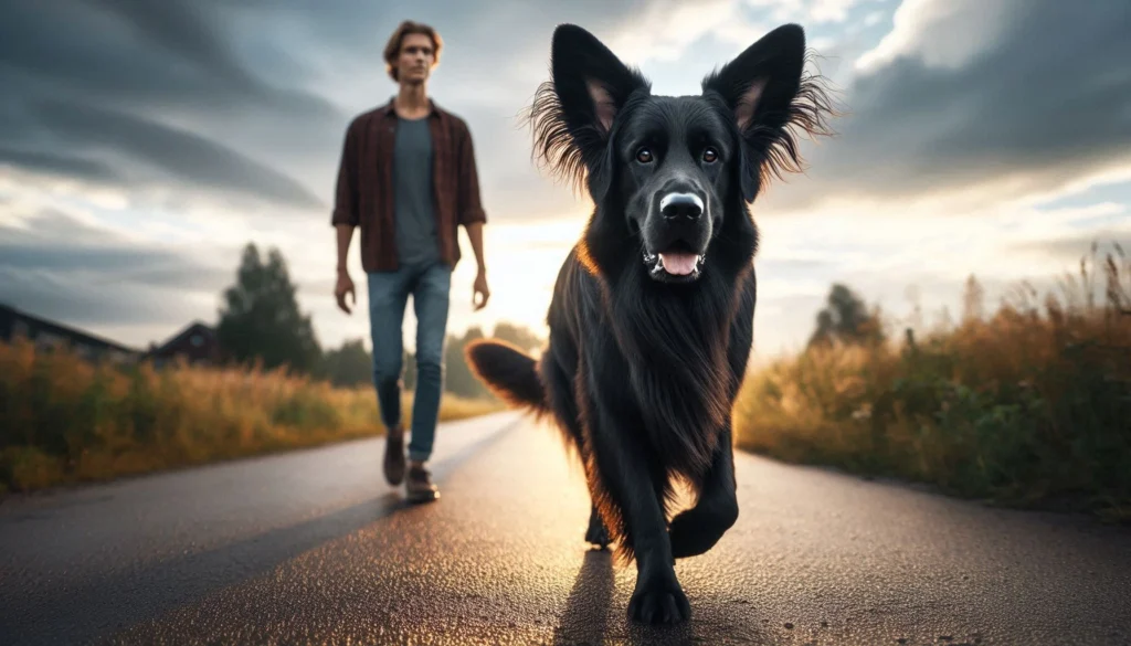 Flat-Coated Retriever dog walking with a man