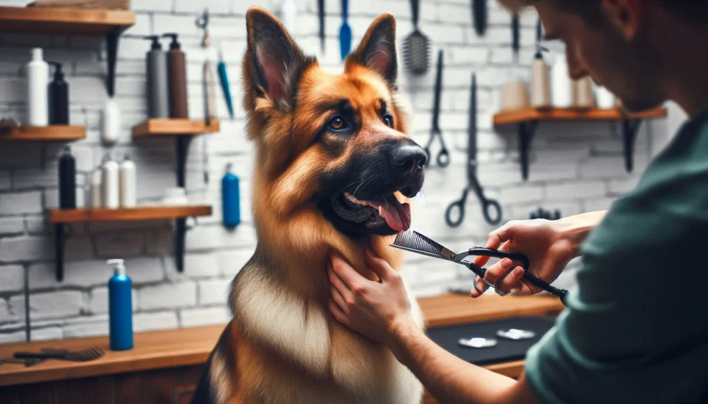 German shepherd dog in the grooming salon