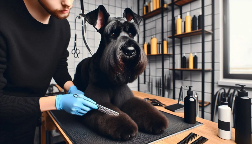 Giant Schnauzer Dog in the grooming salon