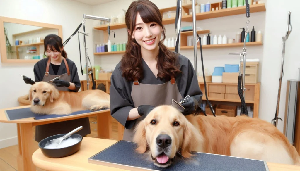 flat-coated retriever dog in the grooming salon